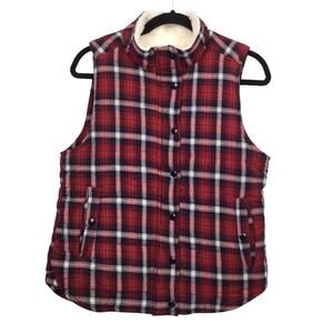 Skies Are Blue Americana Plaid Sherpa Snap Up Quilted Red Lumberjack Vest Size S